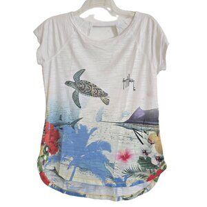 Guy Harvey Tropical Sea Life Turtle/Marlin Cut-Out Back Tee, White, Medium